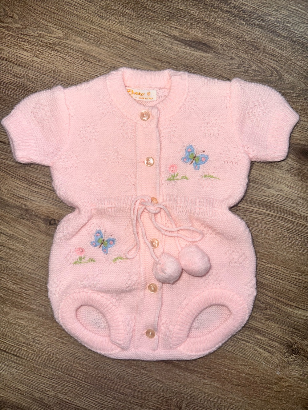 Renzo Vintage Baby Pink Knit Romper Floral Embroidery Pom Pom